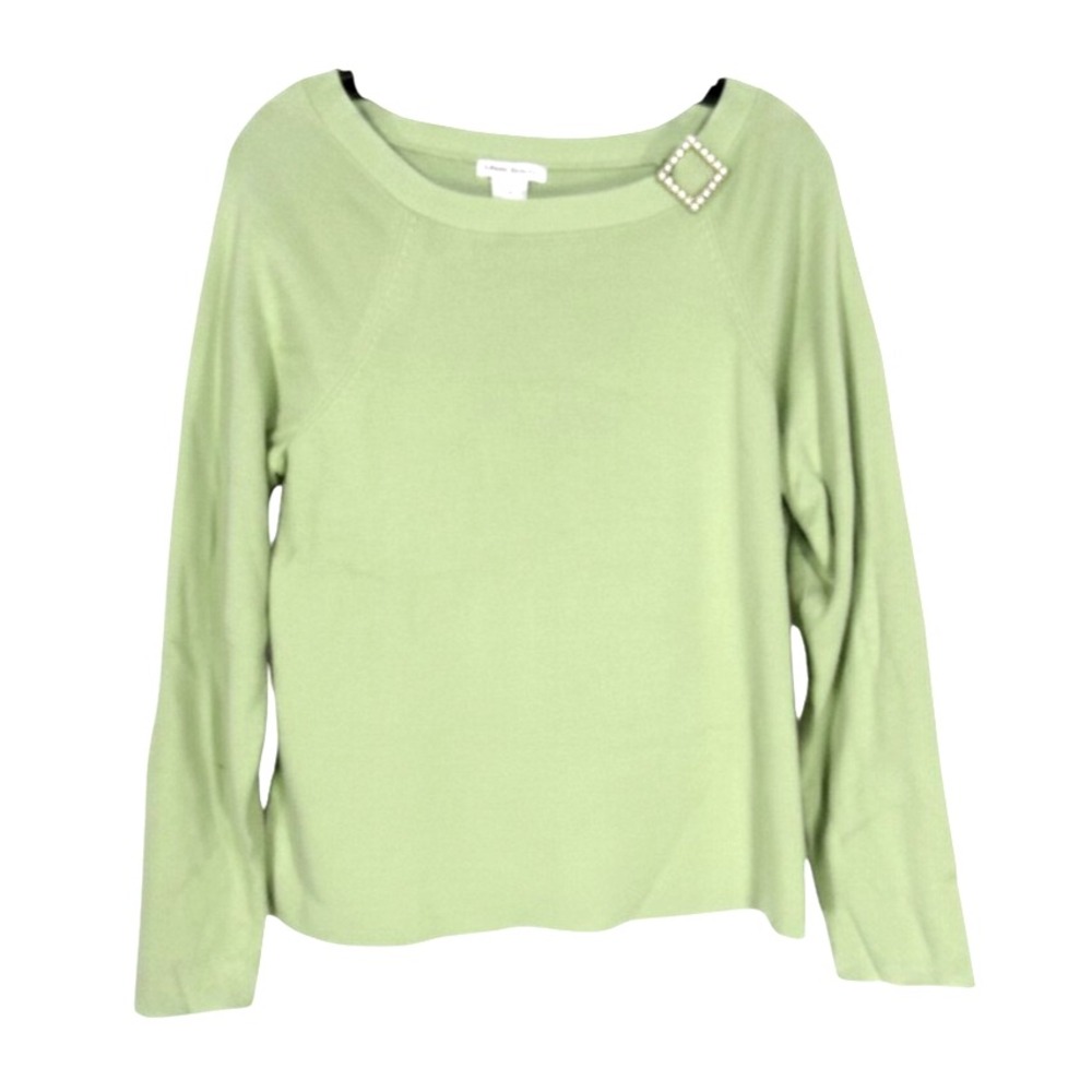 LAURA ASHLEY Green BOAT NECK w/SQUARE PEARL BROOCH Angora Rabbit Sweater Sz M